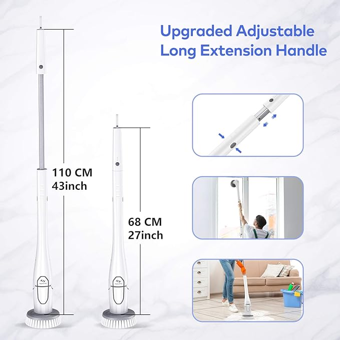Tilswall Cordless Electric Spin Scrubber - IPX7 Waterproof Cleaning Brush with 180Min Runtime & 43" Extendable Handle, Ideal Gift for Home/Bathroom/Car (Includes 4 Brush Heads)