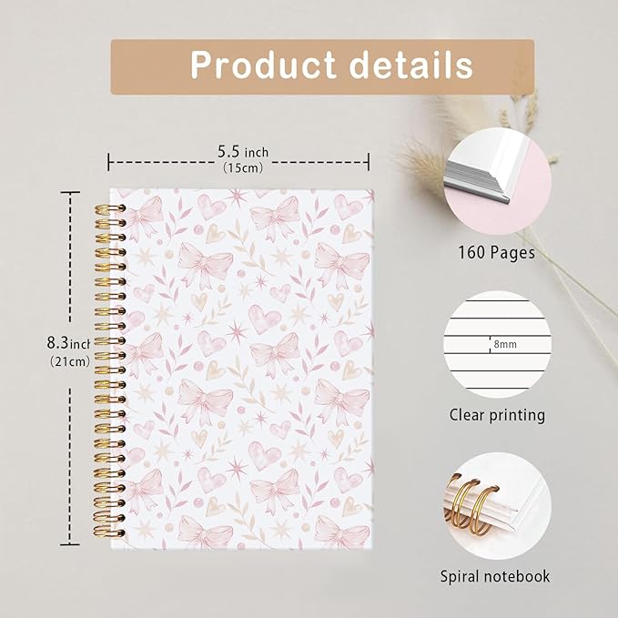 MOFUYU Cute Notebooks for School,Pink Bow Aesthetic Hardcover Spiral Notebook for Work & Note Taking,College Notebook,Cute Journals for Women A5 Size 5.5x8.3