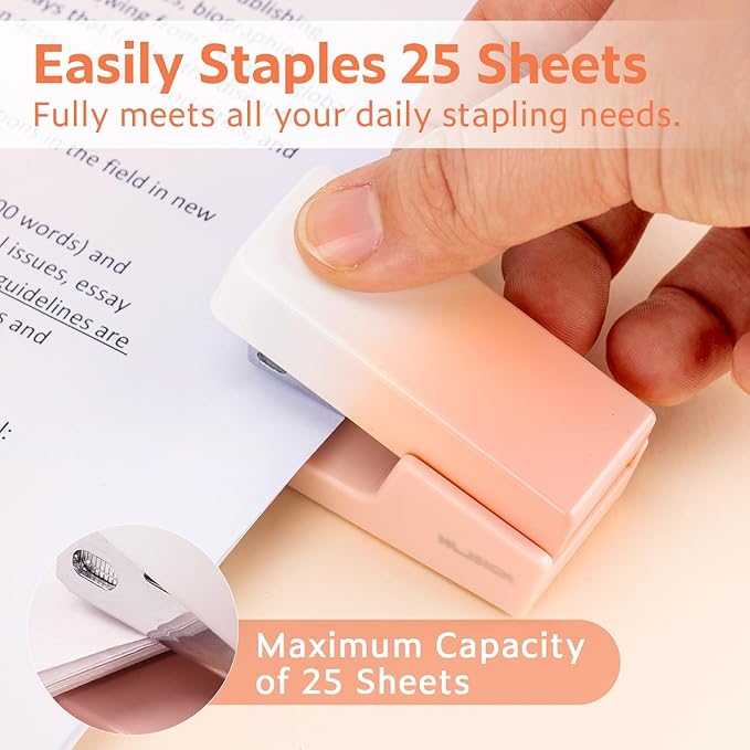Mini Stapler with 830 Staples, Small Cute Desk Staplers, 25 Sheet Capacity, Pink-White Gradient