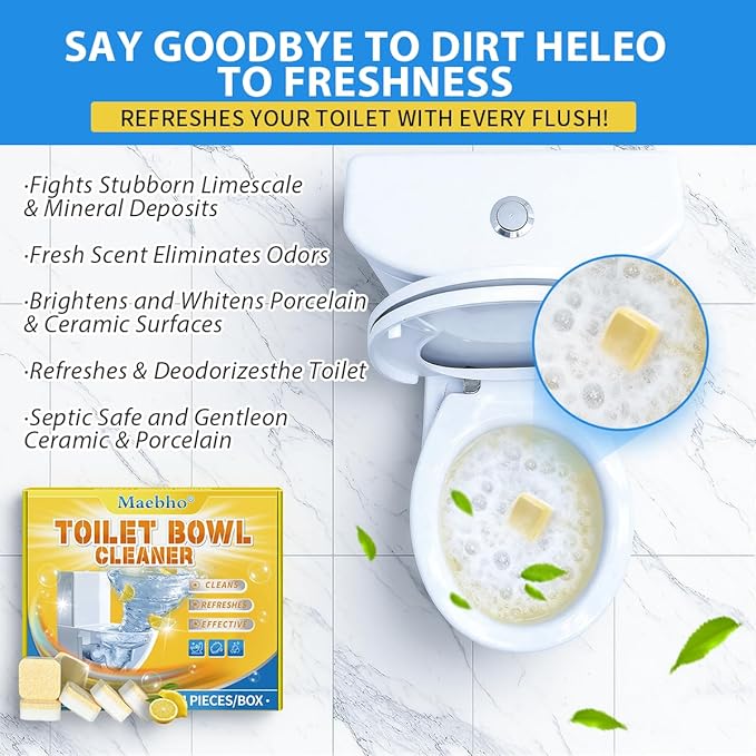 Maebho Toilet Bowl Cleaner Tablets (24 Count) | Septic Safe, Eco-Friendly Drop-in Tablets for Continuous Cleaning | Powerful Stain & Limescale Remover with Long-Lasting Fresh Scent