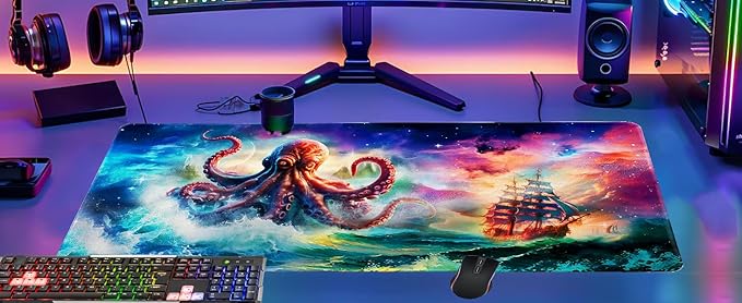 Vimorco Large Gaming Mouse Pad, Large Desk Pad Big Computer Mat Mousepad, Desk Mat Laptop Keyboard Mouse Mat for Game/Office/Home/Work 31.2x15.6 in, Octopus Monster Sailing Adventure