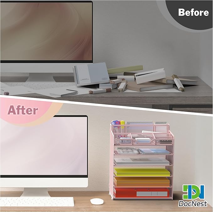 Docnest 6 Tier Mesh Desk Organizer for Paper Office Supplies – Multi-Functional Letter Tray with 5 Adjustable Compartments, 3 Pen Holders, Desktop Storage for Files, Mail, Stationery – Pink