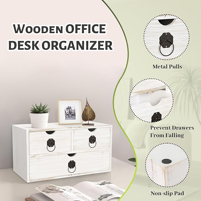 Wood Desk Organizer with Drawer, White Wooden Desktop Organizer, Tabletop Storage Organization Box for Countertop, Home Office Supplies (3 Drawer)