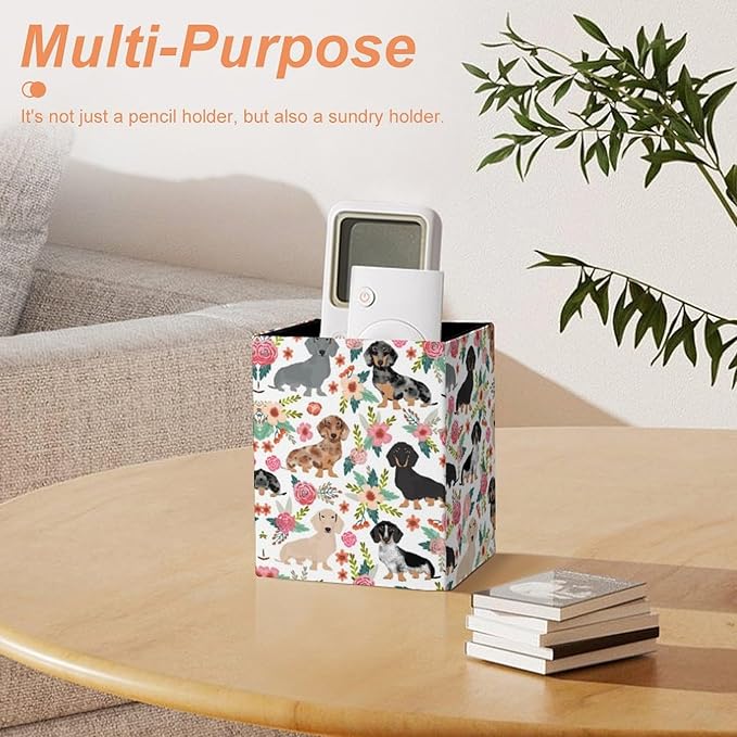 Square Pen Holder & Pencil Organizer for Desk - Office Storage Organizer, Markers/Makeup Brushes/Scissors Holder, Compact Desk Decor Accessories for Home Classroom School(Dachshund)