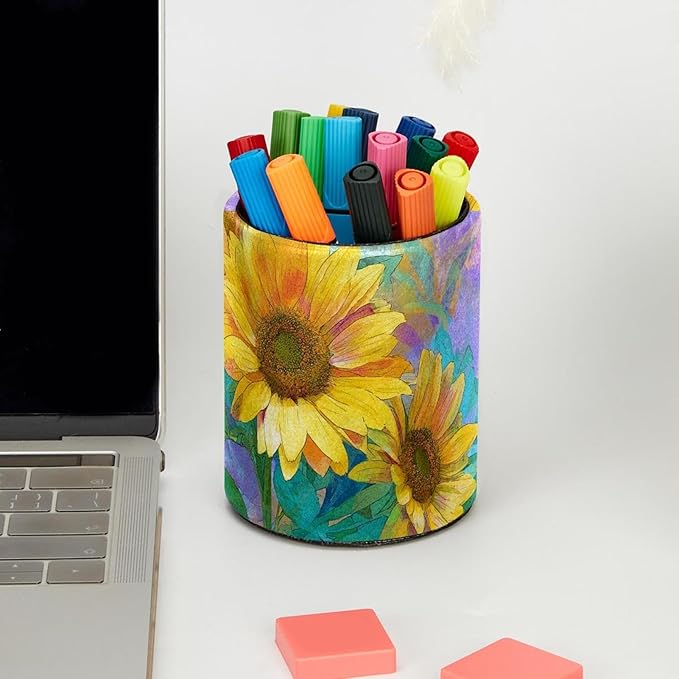Watercolor Art Sunflower Circular Pen Holder, Pen Cup Makeup Brush Holder, Design for School, Home and Stationary Supplies (3.9 x 3.1 Inches)