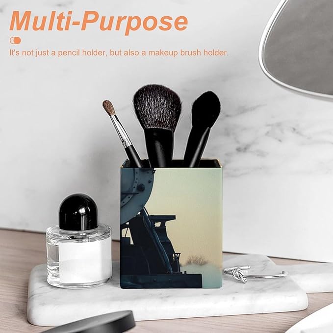 Holder Cup Makeup Brush Storage Organizer, Waterproof Multifunctional Office Supplies, Pen Holder Square Leather Pencil Train