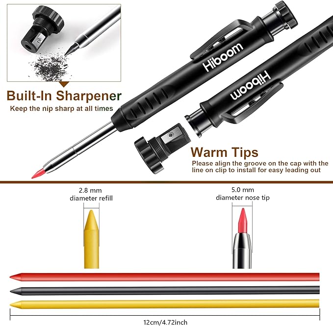 Hiboom 2 Pack Solid Carpenter Pencils with Pencil Cap and 18 Refills, Long Nose Deep Hole Mechanical Pencil Marker, Scribe Tool with Built-in Sharpener for Construction Woodworking Architect (Black)