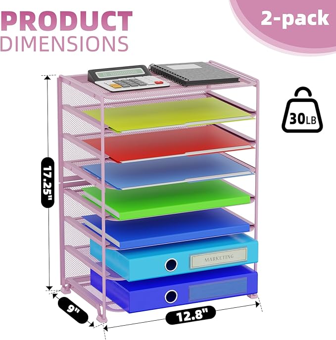 Simple Trending 2 Pack 8 Tier Letter Tray Paper - Mesh Desk File Organizer for Office School Desktop, Pink