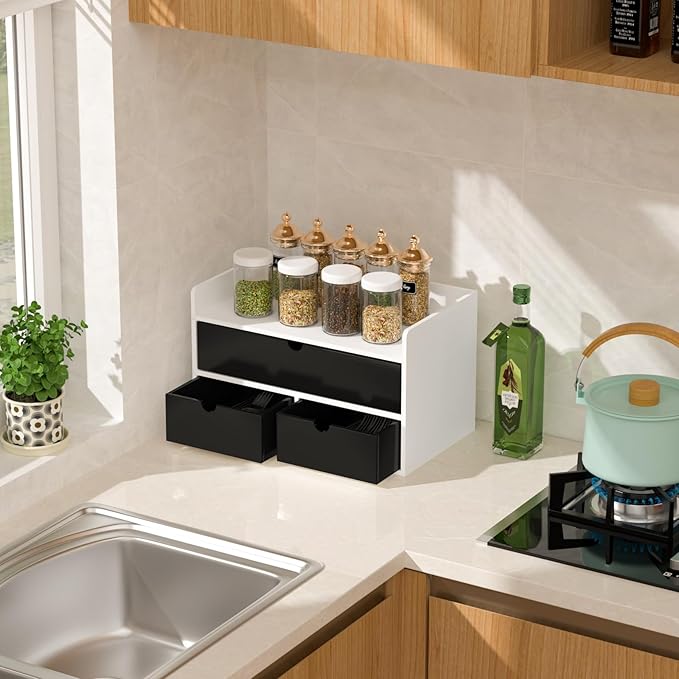 Wisuce Desk Organizer with Drawers - White-Black Bamboo Desktop Organizer Storage | Wood Desk Drawers Organizer for Bills, Office Supplies, Cosmetics, Seals No Assembled