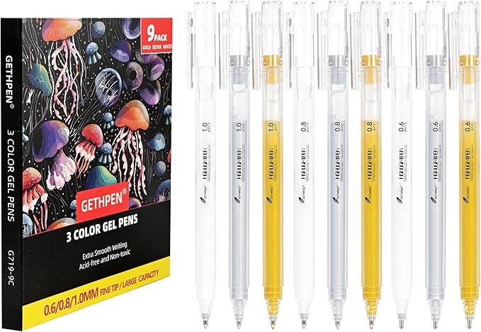 Gold Silver White Gel Pens - 0.6/0.8/1.0mm Extra Fine Point Opaque Archival Ink Pen Set for Black Paper Art, Holiday Gifts & Bullet Journaling - 9 Pack Gel Pens for Artists, Card Making Sketching