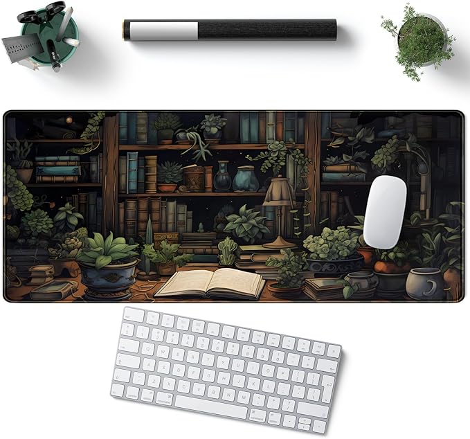 Desk Mat Green Bonsai Library Book Mouse Pad Big Vintage Aesthetic Desk Pad Flower Plant Extended Mouse Pad Large Gaming Mousepad XXL Keyboard Mouse Mat Desktop Mat Office Desk 31.5 X 11.8 in