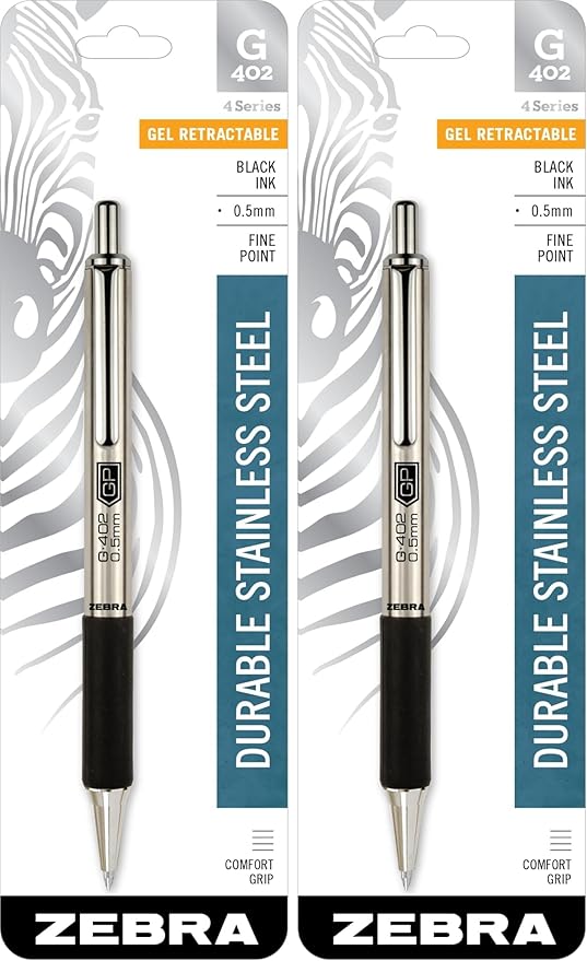 Zebra Pen G-402 Retractable Gel Pen, Stainless Steel Barrel, Fine Point, 0.5mm, Black Ink, 2-Pack