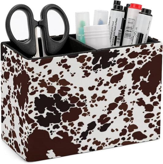 Pen Holder, Pencil Holder for Desk Organizer, Cow Print Brown Spots PU Leather Pencil Cups Desktop Stationery Storage Makeup Brush Holder Pen Organizer for Office Home