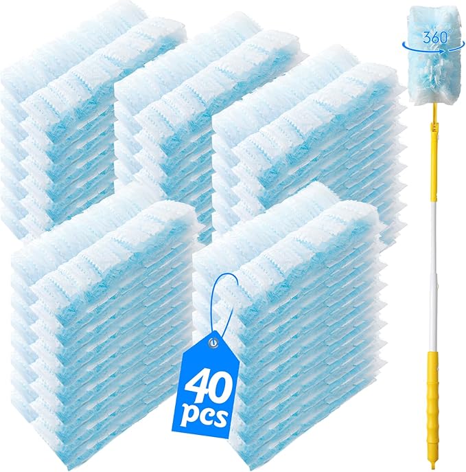 Senowi 40 Count 360° Heavy Duty Duster Refills Compatible with Swiffer,Large Size-Extra Thick Disposable Electrostatic Duster Refill with 1 Retractable Handle(35-inch Length Fully expanded)