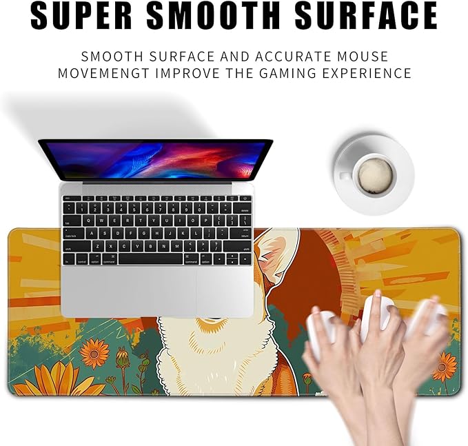 Cute Dog Mouse Desk Pad Kawaii Yellow Desk Mat Desk Decor Large Gaming Mouse Pad For Desk Mousepad Computer Office Keyboard Laptop Big Corgi Mouse Pad Xl(31.5x11.8 In)-With Non-Slip Base Stitched Eges