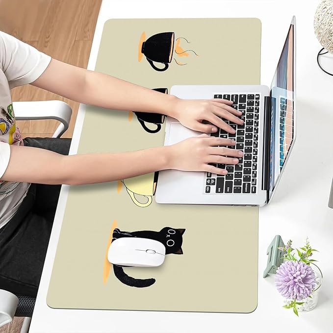 Bloss Leather Mouse Pad,Beige Anime Large Desk Pad,Cute Kawaii Cartoon Cat Desk Mats for Keyboard and Mouse,Waterproof Computer Laptop Desks Protector Mat for Office/Home/Women Gift,31.5" x 15.7"