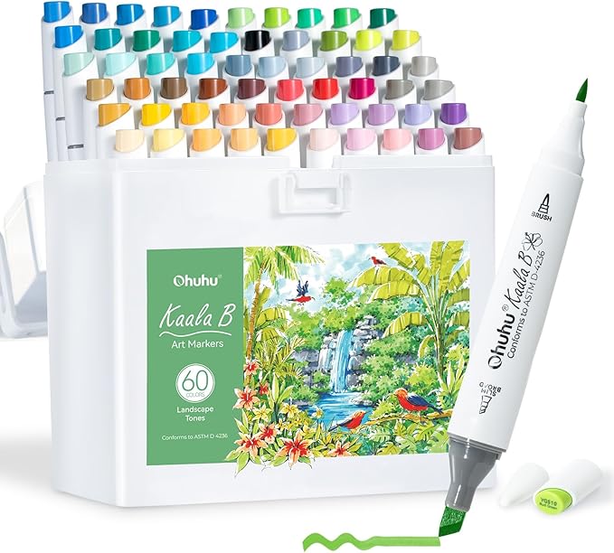 Ohuhu Alcohol Markers: Mini Brush & Slim Broad 60 Landscape Colors Dual Tip Brush Tip Alcohol-based Art Marker for Artists Adults Coloring Illustration- Refillable - Kaala B Series of Ohuhu Markers