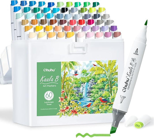 Ohuhu Alcohol Markers: Mini Brush & Slim Broad 60 Landscape Colors Dual Tip Brush Tip Alcohol-based Art Marker for Artists Adults Coloring Illustration- Refillable - Kaala B Series of Ohuhu Markers