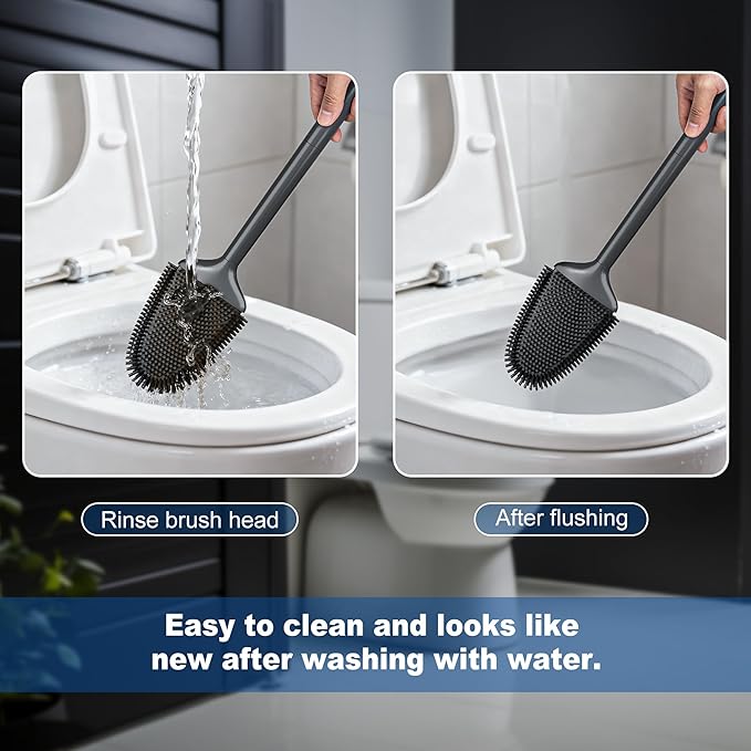 DALIPER Toilet Brush and Holder Set - Flexible Silicone Toilet Bowl Scrubber Brush, Compact Bathroom Brush with Ventilation Base, Black