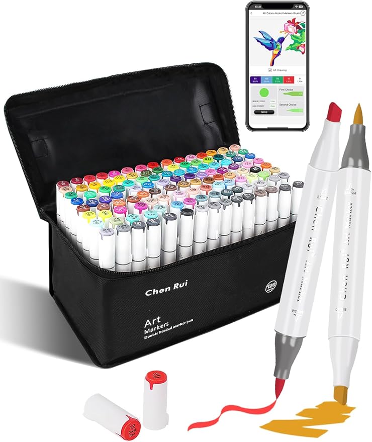 YHC 120 Colors Alcohol Brush Marker with Free App, Chen Rui Dual Tips Art Markers for Adults and Kids, Alcohol Based Brush & Chisel Tips Markers for Drawing, Coloring, Painting, Sketching