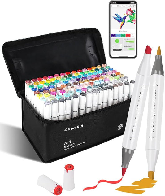 YHC 120 Colors Alcohol Brush Marker with Free App, Chen Rui Dual Tips Art Markers for Adults and Kids, Alcohol Based Brush & Chisel Tips Markers for Drawing, Coloring, Painting, Sketching