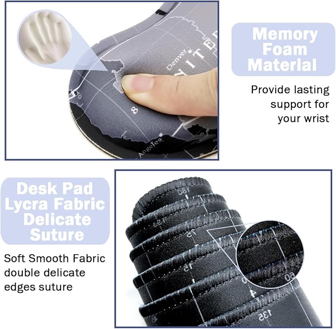 Large Mouse Pad Set, Cute Extended Mouse Pad+Keyboard Wrist Rest Support Desk Pad Memory Foam Ergonomic Easy Typing, 35.4×15.7 in Desk Mat Set for Home Office Study Game - World Map