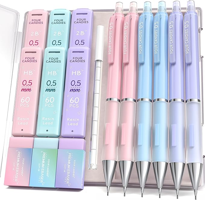 Four Candies 0.5 mm Mechanical Pencil Set - 6PCS Cute Pencils with 360PCS HB & 2B Lead Refills, 3PCS Pastel Erasers and 9PCS Eraser Refills, Aesthetic School Supplies for Writing Drawing Drafting