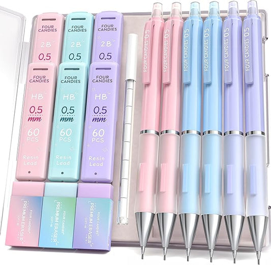 Four Candies 0.5 mm Mechanical Pencil Set - 6PCS Cute Pencils with 360PCS HB & 2B Lead Refills, 3PCS Pastel Erasers and 9PCS Eraser Refills, Aesthetic School Supplies for Writing Drawing Drafting
