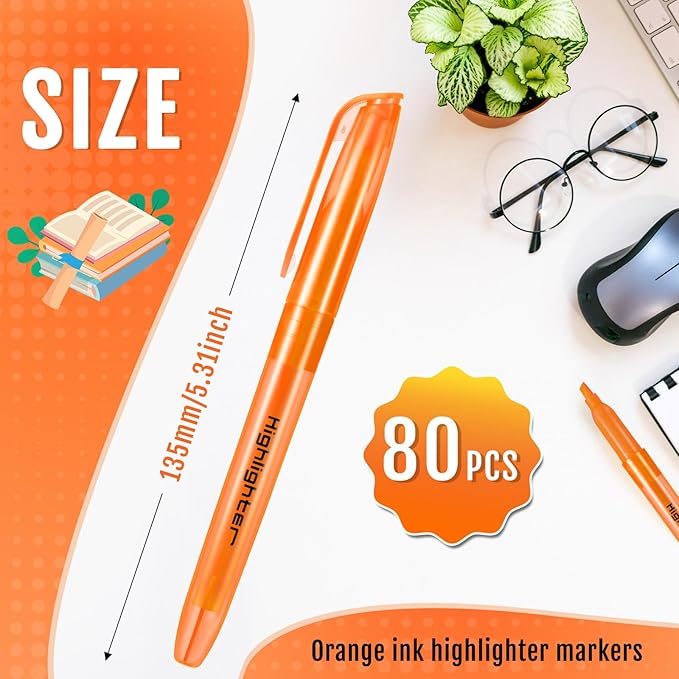 Fulmoon 80 Pieces Highlighters, Chisel Tip Bright Colors Quick Drying Markers for Adults Kids Highlighting in the Home School Office (Orange)