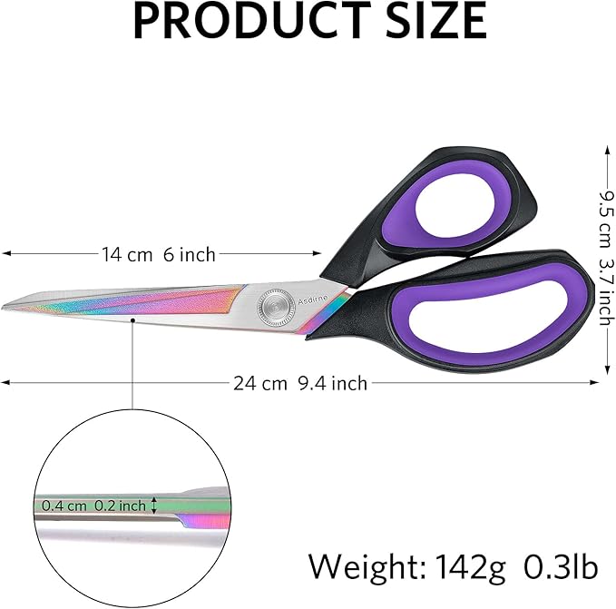 Professional Fabric Scissors, Heavy Duty Titanium Coating Sewing Scissors, Ultra-Sharp Blade Fabric Shear, Ergonomic Rubber Handle, Great for Craft, Sewing, Leather Tailor, 9.4”, Black/Purple