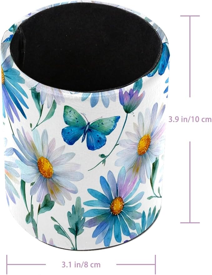 Leather Pen Holder for Desk Butterfly Daisy Pencil Cup Desktop Organizer Makeup Brush Holders Office Supplies for Home, Kids & School