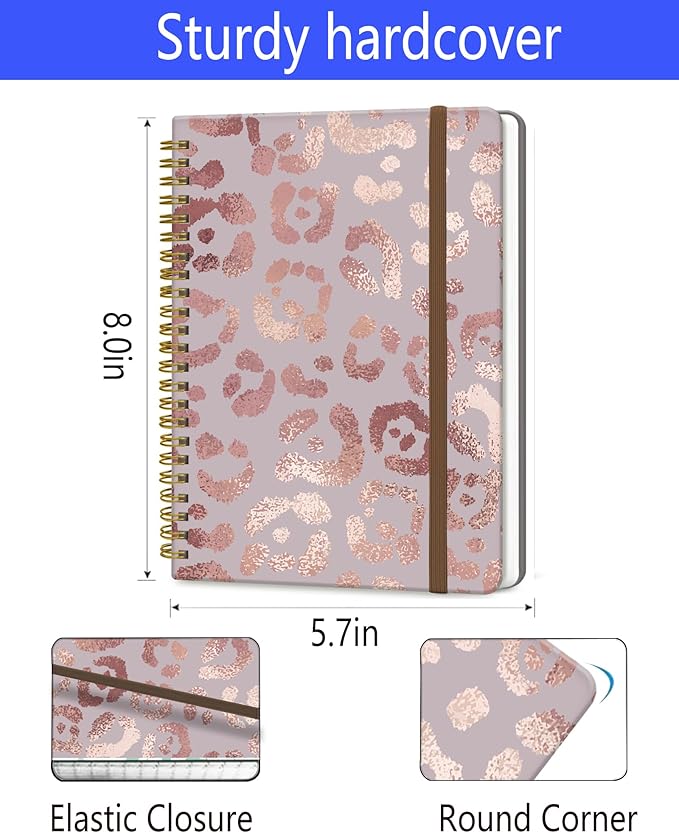 Spiral Journal Notebook, A5 Cute Notebooks for Women Men, College Ruled Hardcover Notebook for Work & Note Taking, 60 Pages Double-Wire Journals for Writing, Pink Glitter Leopard