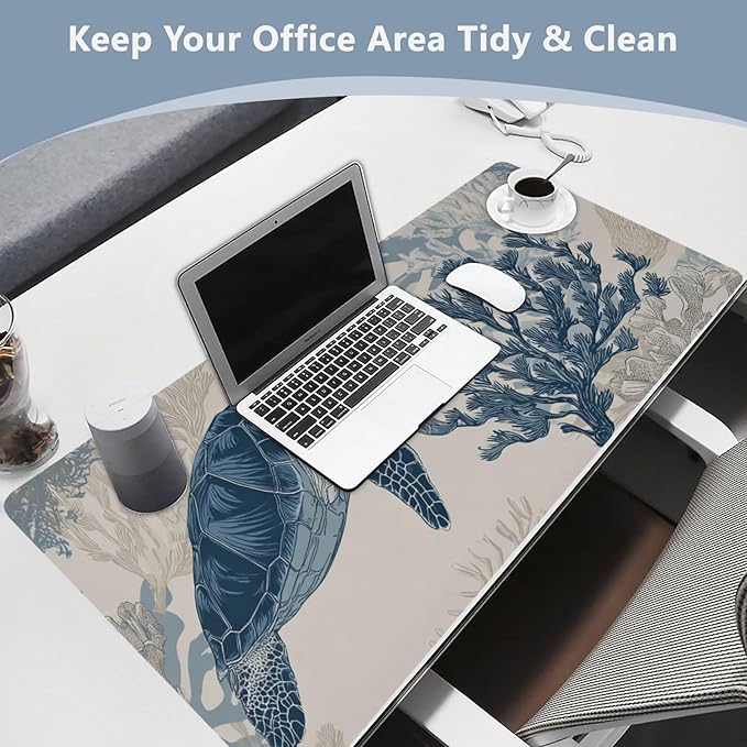 Mouse Pad Desk Mat Leather Desk Pad Large Gaming Desk Cover Protector Mat for Keyboard Computer Laptop Office Waterproof 47.2 x 23.6 Inch Beige and Blue Ocean Turtles Corals