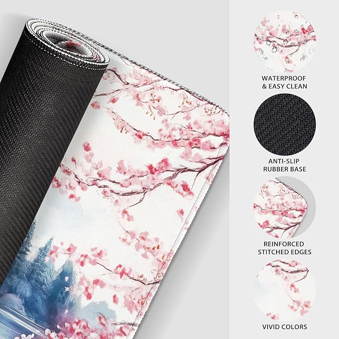 Japanese Cherry Blossom Large Gaming Mouse Pad 31.5"x15.7"｜ Mount Fuji Art XXL Desk Mat, Non-Slip Rubber Base & Stitched Edges - Extended Waterproo Mousepad for PC/Laptop/Office/Home Decor