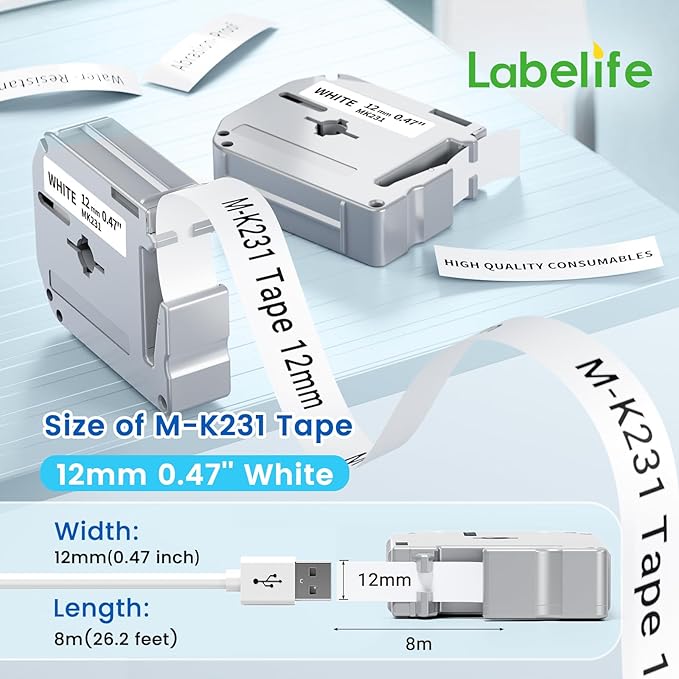 Labelife M-K231 Label Tape Replace for Brother P Touch M Tape M-K231S M231 MK231 M-231 12mm 0.47 Inch for Brother PTouch PT-M95 PT-65 PT-80 PT-70 PT-45 PT-90 Label Makers, Black on White, 4 Pack