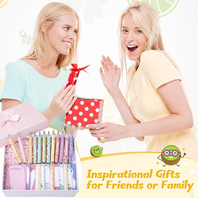 24 Pcs Fruit Themed Sticky Notes with Pens Motivational Gifts Notepad Positive Memo Notes Pads Black Ink Pen for Office School Supplies Students Teacher Employee Coworkers