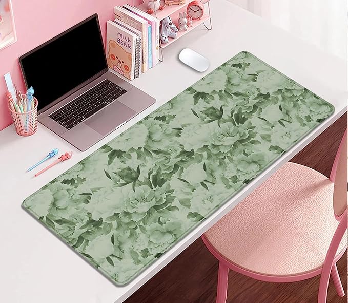 Sage Green Floral Desk Pad Extended Mouse Pad,Large Gaming Floral Mouse Mat with Stitched Edges,Non-Slip Rubber Base Mousepad for Office Computer Keyboard Laptop Home(27.5X11.8 in)