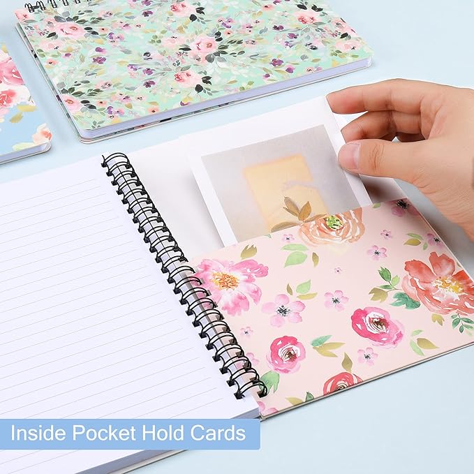 Spiral Notebook 5×7 Inch, 4 Pack Small Writing Journals College Ruled Hardcover Floral Notebook for School Supplies Studio Girls Women, Inner Pocket, 80 Sheets/160 Pages, B6 Size