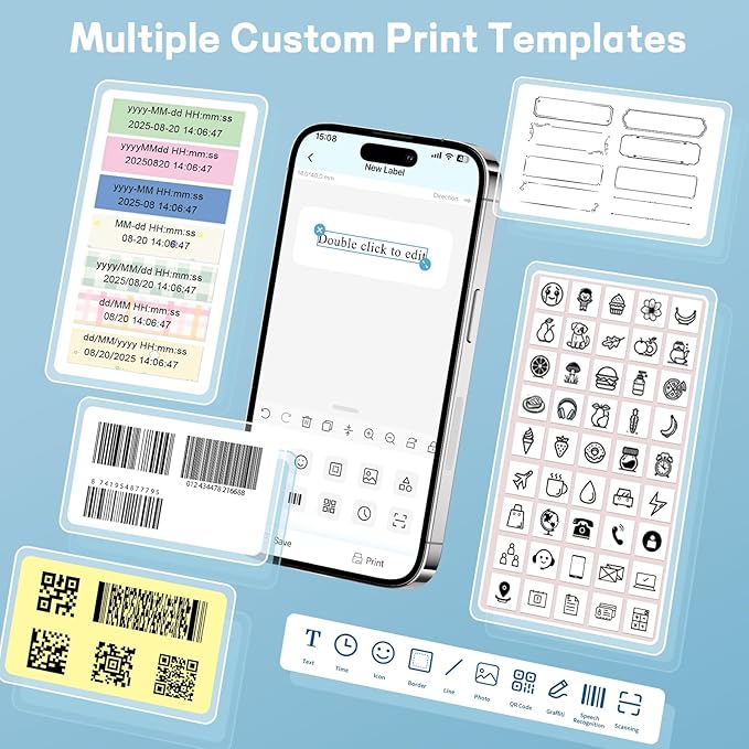 Label Maker Machine with Tape, Portable Bluetooth Label Printer, Wireless Mini Thermal Sticker Printer with Multiple Templates for Home, Kitchen, School Office, Small Business, White