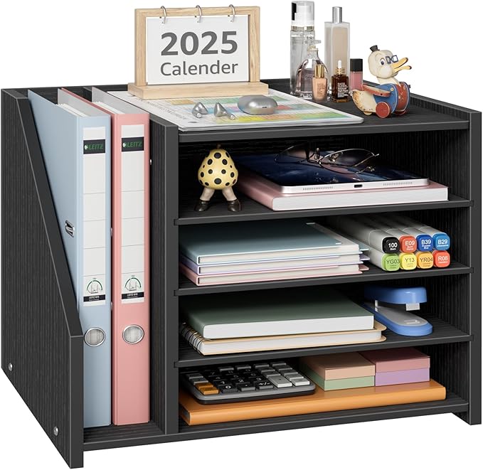 Wood Paper Tray Organizer for Desk - 5 Tier Desk Top File Storage Office Workspace Desktop Organization Stationary Small Wooden Shelf, Black