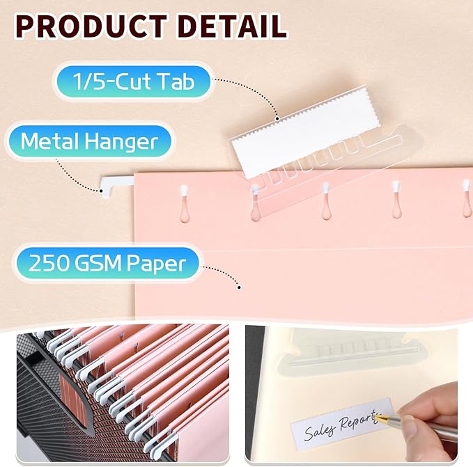 25-Pack Pink Hanging File Folders, Letter Size (8.5" x 11") with 1/5-Cut Tabs,25 Transparent Label Cards & 25 Sticker Labelsfor Home & Office Organization