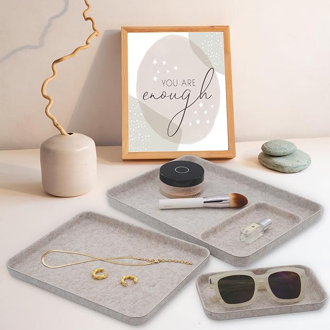 Welaxy EDC Catchall Desk Organizer felt DND Dice Rolling Tray stylish nightstand Entryway Bedside Caddy for Keys Phone Wallet Watch Glasses Pens Office Minimalist 4-piece (Oatmeal)