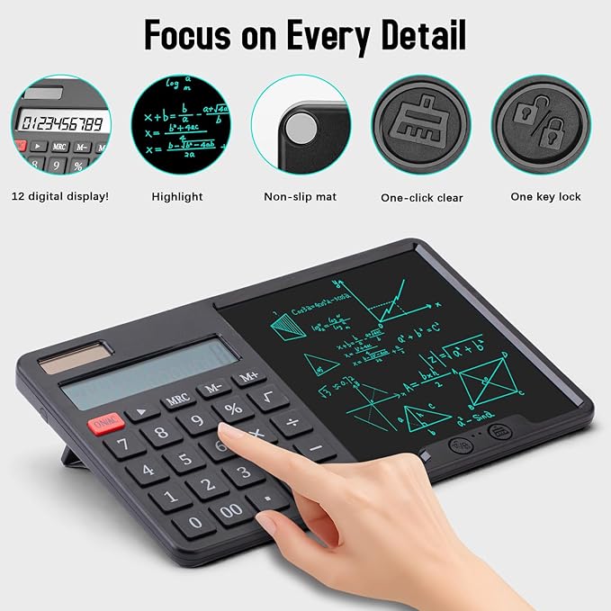 Calculator with Writing Pad - Solar & Battery Dual Power Supply - 12-Digit Large Display Calculator for Business and Office Use (Black)