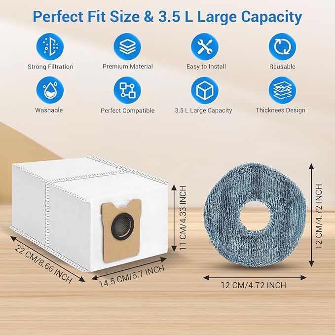 Bluevisk 12 Pack Omni C20 Dust Bags and Mop Pads Compatible with eufy Omni C20/ C10 Robot Vacuum with 3.5 L Large Capacity Vacuum Dust Bags