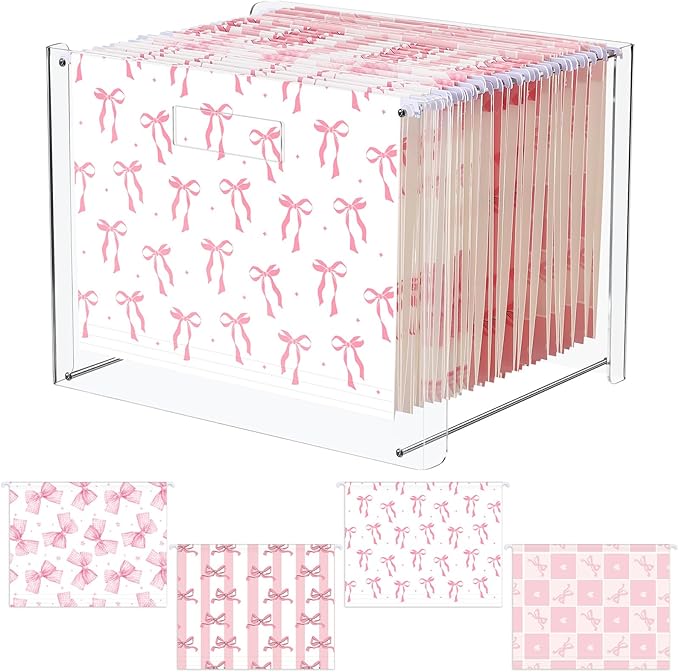 24 Hanging File Folder with Acrylic Organizer for Letter/a4 Size Desktop Clear File Storage Box with Handles for Home Work Office Use(Pink,Bow)
