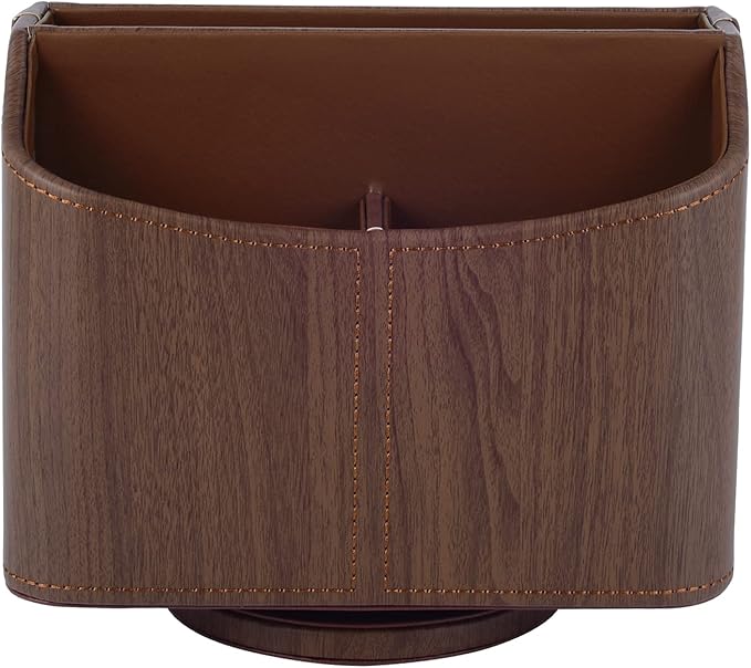 Brown 360 Degree Swiveling TV Remote Control Holder/Caddy, Leather Desk Organizer for Office and Home Furniture Decoration Storage Box(Dark wood grain)