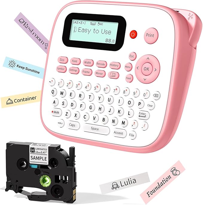 Pink Label Maker Machine with-Tape, Kids Label Maker Waterproof-Labels, D210S Portable Labeler Machine Multiple Fonts Frames Barcode for Home Kitchen Office School Use