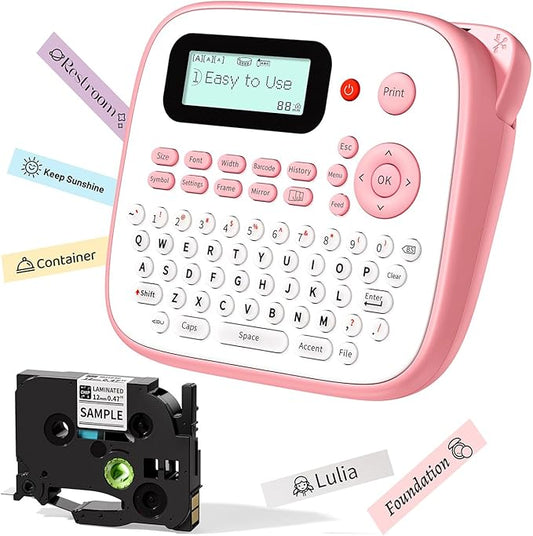 Pink Label Maker Machine with-Tape, Kids Label Maker Waterproof-Labels, D210S Portable Labeler Machine Multiple Fonts Frames Barcode for Home Kitchen Office School Use