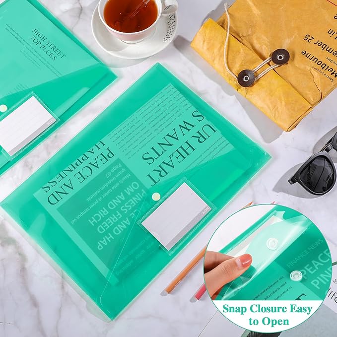 Lincia 24 Pcs Plastic Envelopes A4 Size Poly Envelopes File Folders Work Document Holder Office Paper Plastic File Organizer with Label Pocket Snap Button Home File Bag for School (Clear Green)