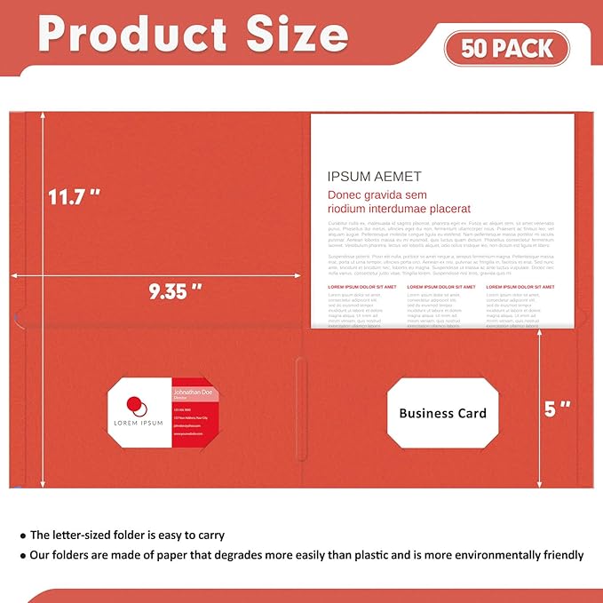 Two Pocket Folders, PANDRI 50 Pack 2 Pocket Folders, Letter Size Paper File Folder for School Office Home Business, Red